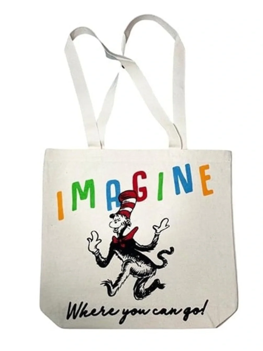 Dr. Seuss nwt Canvas Imagine Tote with Multicolor Lettering cat in the hat